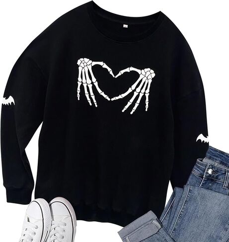 Halloween Sweatshirts for Women:Skull Graphic Crewneck Long Sleeve Tops Lightweight Pullover Sweatshirts in Kuwait