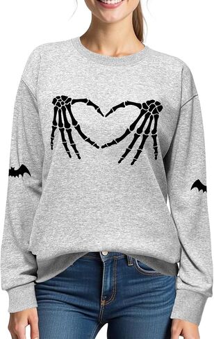 Halloween Sweatshirts for Women:Skull Graphic Crewneck Long Sleeve Tops Lightweight Pullover Sweatshirts in Kuwait