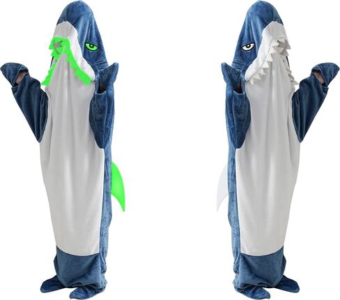 Glow in The Dark Shark Blanket Onesie Hoodie with Teeth, Eyes & Fins - Super Soft Flannel Wearable Shark Costume for White Elephant Gift Exchange Party (Blue, M) in Saudi Arabia