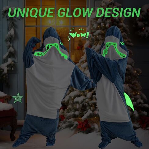 Glow in The Dark Shark Blanket Onesie Hoodie with Teeth, Eyes & Fins - Super Soft Flannel Wearable Shark Costume for White Elephant Gift Exchange Party (Blue, M) in Saudi Arabia