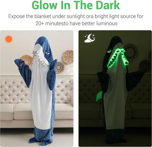 Glow in The Dark Shark Blanket Onesie Hoodie with Teeth, Eyes & Fins - Super Soft Flannel Wearable Shark Costume for White Elephant Gift Exchange Party (Blue, M) in Saudi Arabia