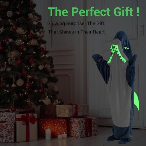 Glow in The Dark Shark Blanket Onesie Hoodie with Teeth, Eyes & Fins - Super Soft Flannel Wearable Shark Costume for White Elephant Gift Exchange Party (Blue, M) in Saudi Arabia
