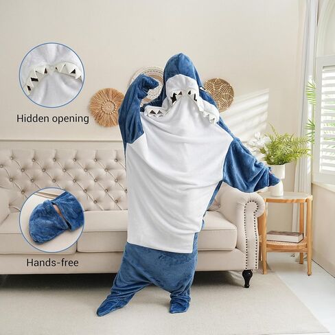 Glow in The Dark Shark Blanket Onesie Hoodie with Teeth, Eyes & Fins - Super Soft Flannel Wearable Shark Costume for White Elephant Gift Exchange Party (Blue, M) in Saudi Arabia