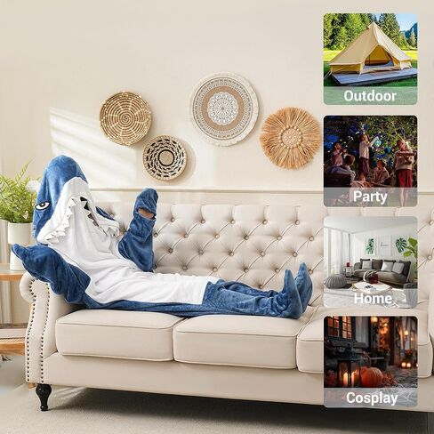 Glow in The Dark Shark Blanket Onesie Hoodie with Teeth, Eyes & Fins - Super Soft Flannel Wearable Shark Costume for White Elephant Gift Exchange Party (Blue, M) in Saudi Arabia