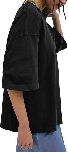 HUGOOME Womens Oversized T Shirts Summer Casual Short Sleeve Tops Cotton Crew Neck Loose Fit Basic Tee Plus Size Blouse in Kuwait