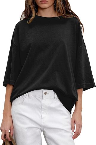 HUGOOME Womens Oversized T Shirts Summer Casual Short Sleeve Tops Cotton Crew Neck Loose Fit Basic Tee Plus Size Blouse in Kuwait