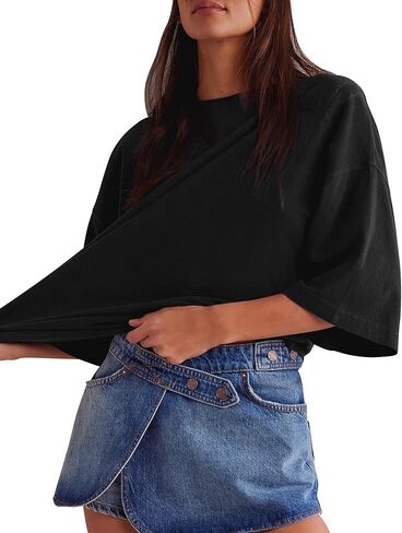 HUGOOME Womens Oversized T Shirts Summer Casual Short Sleeve Tops Cotton Crew Neck Loose Fit Basic Tee Plus Size Blouse in Kuwait