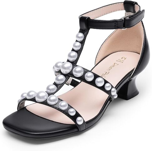 DREAM PAIRS Girls Sandals Ankle Strap T-Strap Low Heel Pearl Flower Pump Dress Wedding Party Square Toe Shoes for Little Kid/Big Kid in Saudi Arabia