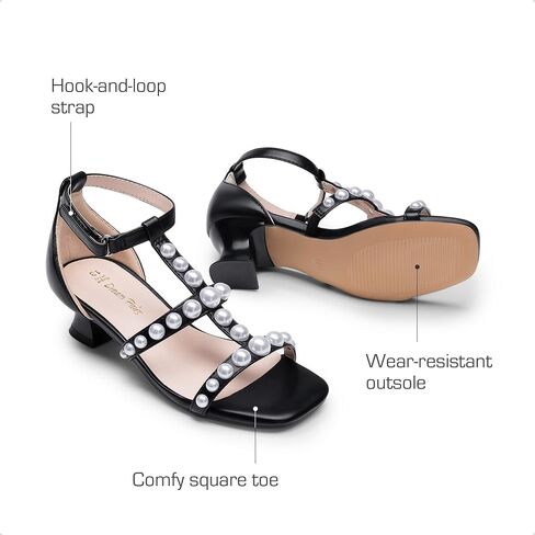 DREAM PAIRS Girls Sandals Ankle Strap T-Strap Low Heel Pearl Flower Pump Dress Wedding Party Square Toe Shoes for Little Kid/Big Kid in Saudi Arabia