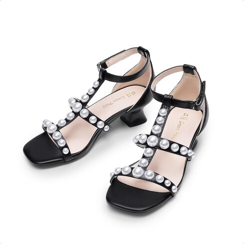 DREAM PAIRS Girls Sandals Ankle Strap T-Strap Low Heel Pearl Flower Pump Dress Wedding Party Square Toe Shoes for Little Kid/Big Kid in Saudi Arabia