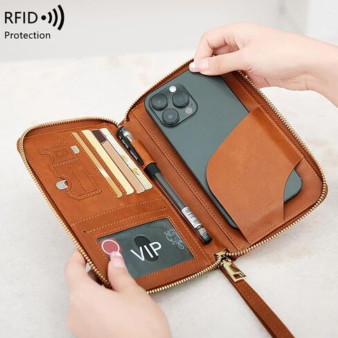 متعددة الوظائف RFID السفر محفظة مع جيب الهاتف - حامل جواز السفر النهائي للنساء والرجال | يحمل الهواتف وجوازات السفر والنقد والبطاقات وممرات الصعود (براون) in Saudi Arabia