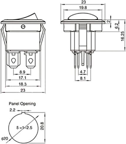Round Rocker Switch ، 23 مم SPST OFF ، 4 أسنان ، 6A تصنيف ، أسود مع LED أحمر ، حزمة 5 (250 فولت) in Kuwait