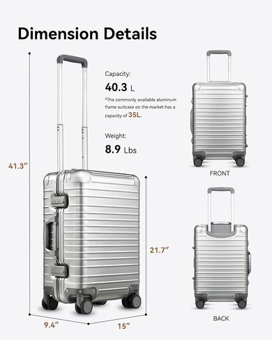 Luggex جميع الألومنيوم تحمل أمتعة مع عجلات - حقيبة Hardshell Zipperless مع قفل TSA (الفضة ، 20 بوصة) in Kuwait