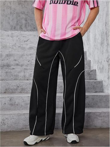 OYOANGLE Men's Contrast Side Cargo Pants Drawstring Elastic High Waist Long Pants Wide Leg Baggy Parachute Pants in Saudi Arabia