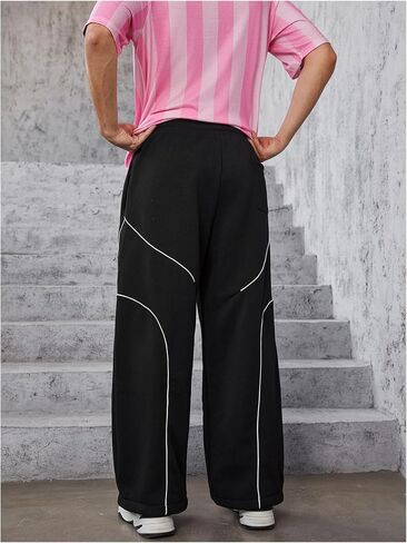 OYOANGLE Men's Contrast Side Cargo Pants Drawstring Elastic High Waist Long Pants Wide Leg Baggy Parachute Pants in Saudi Arabia
