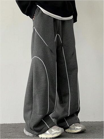 OYOANGLE Men's Contrast Side Cargo Pants Drawstring Elastic High Waist Long Pants Wide Leg Baggy Parachute Pants in Saudi Arabia