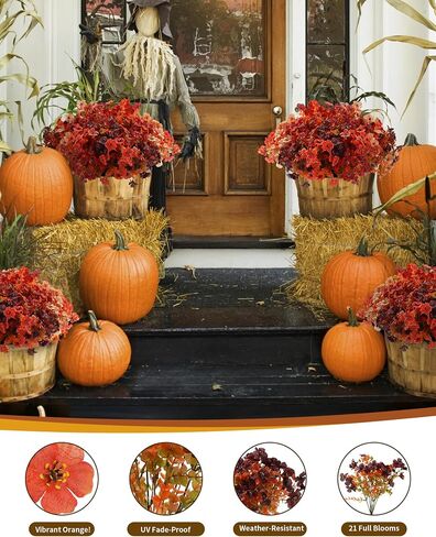 Artificial Mums Outdoor Fake Fall Flowers Decorations for Home,16 Bundles Silk Faux Mum Plants Look Real UV Resistant for Outside,Autumn Decor for Porch,Patio,Front Yard & Planters,Thanksgiving in Kuwait