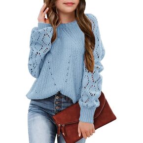 Newffr Girls Crochet Hollow Out Crewneck Long Sleeve Lightweight Senists Senists Pullover Jumper Kids Tops Soft in Kuwait