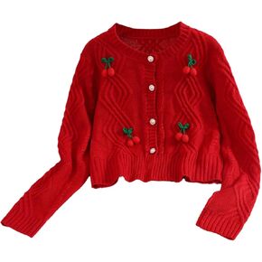 Girl's Cherry Appliques Cardigan Sweaters Button Down Crewneck Long Sleeve Knit Tops in Kuwait