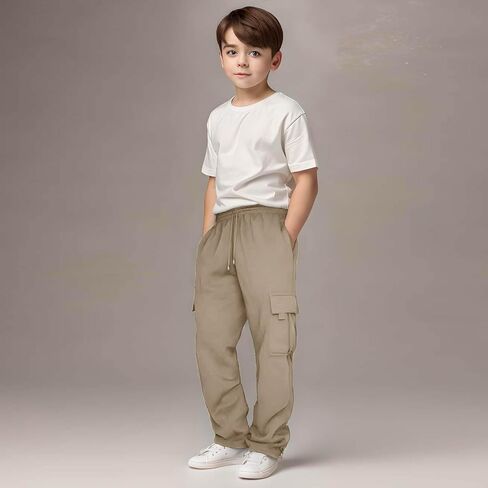 Teen Boys Cargo Pants Straight Wide Leg Drawstring Elastic Waist Casual Trousers Kids School Uniform Clothes in Saudi Arabia