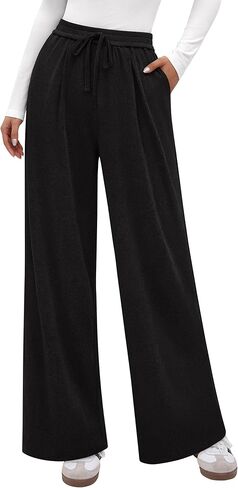 PRETTYGARDEN Women's Wide Leg Pants 2025 Fall Elastic High Waisted Knit Casual Lounge Palazzo Pant Trousers with Pockets in Saudi Arabia