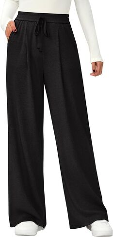 PRETTYGARDEN Women's Wide Leg Pants 2025 Fall Elastic High Waisted Knit Casual Lounge Palazzo Pant Trousers with Pockets in Saudi Arabia