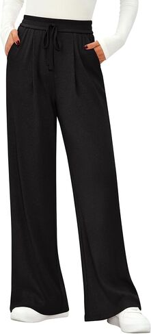 PRETTYGARDEN Women's Wide Leg Pants 2025 Fall Elastic High Waisted Knit Casual Lounge Palazzo Pant Trousers with Pockets in Saudi Arabia