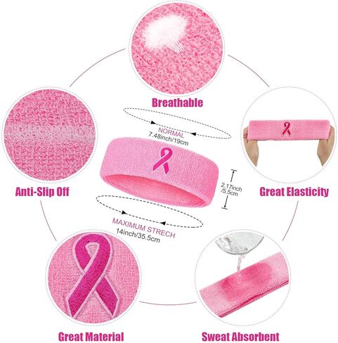 Skylety 6 Pieces Breast Cancer Awareness Sweatbands Pink Ribbon Headbands Cotton Sports Headbands Athletic Head Elastic Sweat Band for Sports in Saudi Arabia
