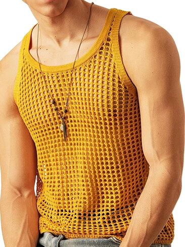 SHENHE Men's Crochet Sweater Vest Hollow Out Loose Knit Sleeveless Crew Neck Sweater Tank in Saudi Arabia