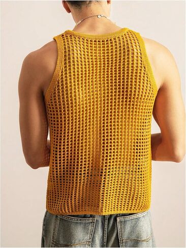 SHENHE Men's Crochet Sweater Vest Hollow Out Loose Knit Sleeveless Crew Neck Sweater Tank in Saudi Arabia