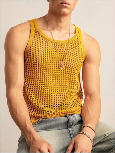 SHENHE Men's Crochet Sweater Vest Hollow Out Loose Knit Sleeveless Crew Neck Sweater Tank in Saudi Arabia