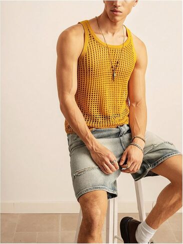 SHENHE Men's Crochet Sweater Vest Hollow Out Loose Knit Sleeveless Crew Neck Sweater Tank in Saudi Arabia