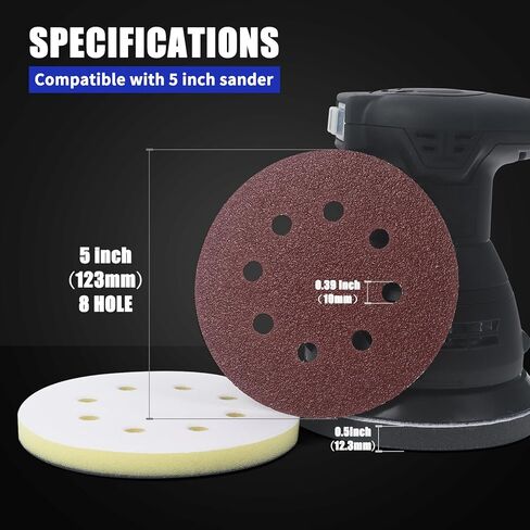 4 Pack Upgraded Foam Sanding Pads for Orbital Sander, 5 Inch 8 Holes Orbital Sander Surfprep Foam Pad, Hook and Loop Soft Density Interface Pads with Soft & Hard Cushion Sponge Buffer by Elechiakan in Kuwait