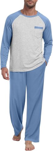 Mens Pajama Set Pjs Sleepwear Lightweight Long Sleeve Pjs Soft Comfy Sleep Set With Pocket in Saudi Arabia