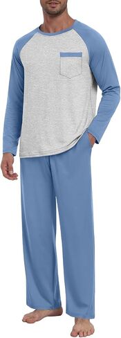 Mens Pajama Set Pjs Sleepwear Lightweight Long Sleeve Pjs Soft Comfy Sleep Set With Pocket in Saudi Arabia