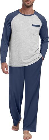 Mens Pajama Set Pjs Sleepwear Lightweight Long Sleeve Pjs Soft Comfy Sleep Set With Pocket in Saudi Arabia