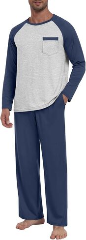 Mens Pajama Set Pjs Sleepwear Lightweight Long Sleeve Pjs Soft Comfy Sleep Set With Pocket in Saudi Arabia