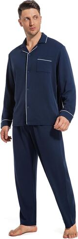 Slumbermee Mens Pajama مجموعة من القطن الناعم Viscose PJS Long Sleeve Sleepwear 2 قطعة صالة البطانة مع جيوب in Kuwait