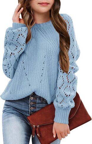 Newffr Girls Crochet Hollow Out Crewneck Long Sleeve Lightweight Senists Senists Pullover Jumper Kids Tops Soft in Kuwait
