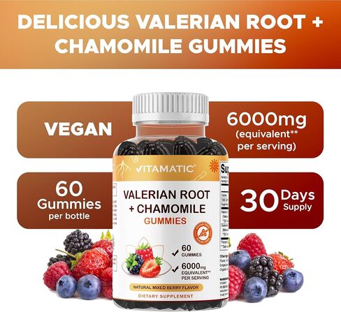 Vitamatic Valerian Root Chamomile Gummies – 6000 mg Equivalent Per Serving – Mixed Berry Flavor – 60 Gummies – Non-GMO, Gluten-Free – 30 Servings in Saudi Arabia