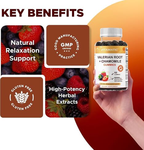 Vitamatic Valerian Root Chamomile Gummies – 6000 mg Equivalent Per Serving – Mixed Berry Flavor – 60 Gummies – Non-GMO, Gluten-Free – 30 Servings in Saudi Arabia