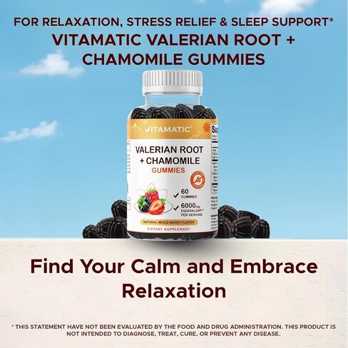 Vitamatic Valerian Root Chamomile Gummies – 6000 mg Equivalent Per Serving – Mixed Berry Flavor – 60 Gummies – Non-GMO, Gluten-Free – 30 Servings in Saudi Arabia