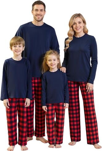 Family Christmas Pajamas Matching Sets - Cozy Long Sleeve Solid Top & Plaid Pants | Holiday Matching Pajamas in Saudi Arabia