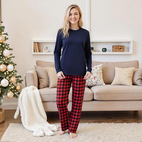Family Christmas Pajamas Matching Sets - Cozy Long Sleeve Solid Top & Plaid Pants | Holiday Matching Pajamas in Saudi Arabia