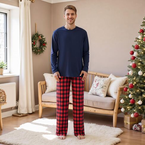 Family Christmas Pajamas Matching Sets - Cozy Long Sleeve Solid Top & Plaid Pants | Holiday Matching Pajamas in Saudi Arabia