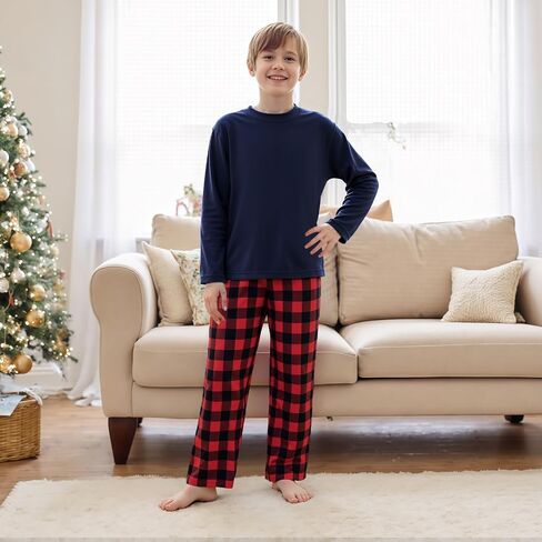 Family Christmas Pajamas Matching Sets - Cozy Long Sleeve Solid Top & Plaid Pants | Holiday Matching Pajamas in Saudi Arabia