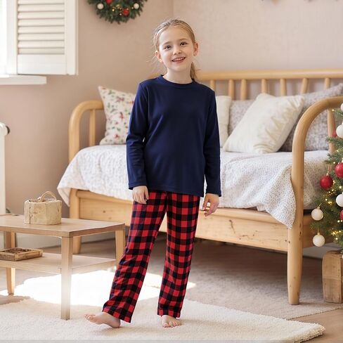 Family Christmas Pajamas Matching Sets - Cozy Long Sleeve Solid Top & Plaid Pants | Holiday Matching Pajamas in Saudi Arabia