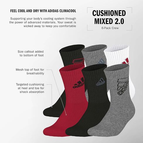 adidas Unisex Youth Athletic Cushioned 6-Pack, Crew Socks Kids for Sports, Durable & Breathable in Saudi Arabia
