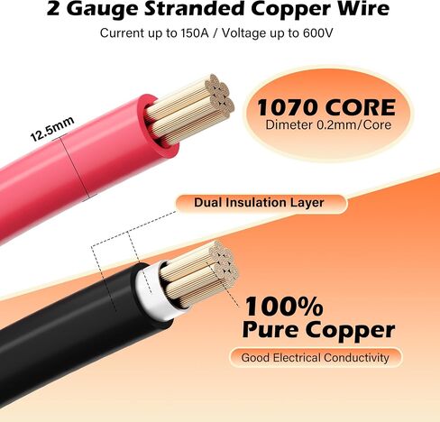 2 Gauge AWG Battery Cables 6 Ft Black+6 Ft Red, Pure Copper Power Inverter Wire Set with 3/8 in Lugs Both Ends,High Power Flexible&Durable for Automotive Solar Marine Boat RV Car Motorcycle-UL-Outdoor in Saudi Arabia