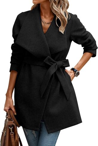 AOVDE Women's Winter Wool Coat: Classic Lapel Collar Jacket - Casual Mid-Long Open Front Blend Overcoat With Belt in Saudi Arabia
